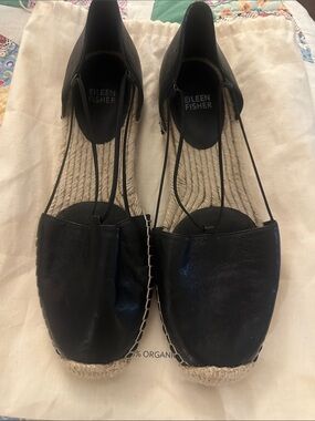 Eileen Fisher Black Leather Espadrille Sandals with Ankle Lace